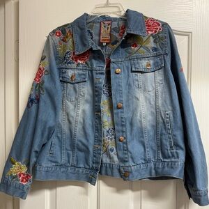 Johnny Was Blue Denim Jacket with Red and Yellow Embroidery